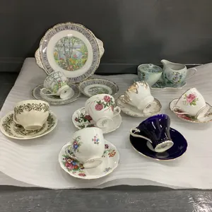 TEA CUPS & SAUCERS, SUGAR & CREAM ON TRAY, PLATTER