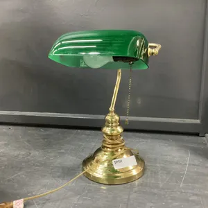 DESK LAMP W/ BRASS BASE & GREEN GLASS SHADE
