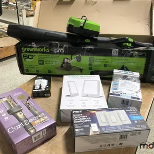 Greenworks Blower (No Battery), Therapy Light, Shower Head, Curling Iron, Wi-Fi Light Switches & Digital Thermometer
 UNRESERVED