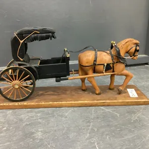 HANDCRAFTED WOOD BUGGY & HORSE MOUNTED ON WOOD BASE