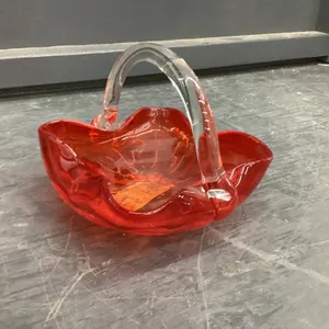 RED HEAVY GLASS DISH W/ HANDLE -SMALLER SIZE