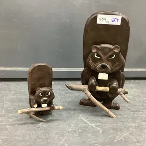 (2) FOLK ART HAND CRAFTED WOOD  BEAVERS