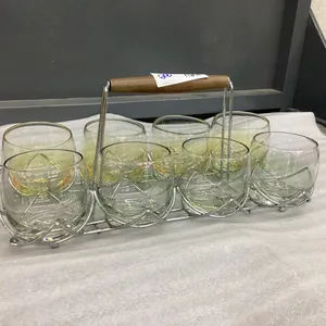 VINTAGE DRINKING GLASSES ON METAL CADDY - (8) GLASSES