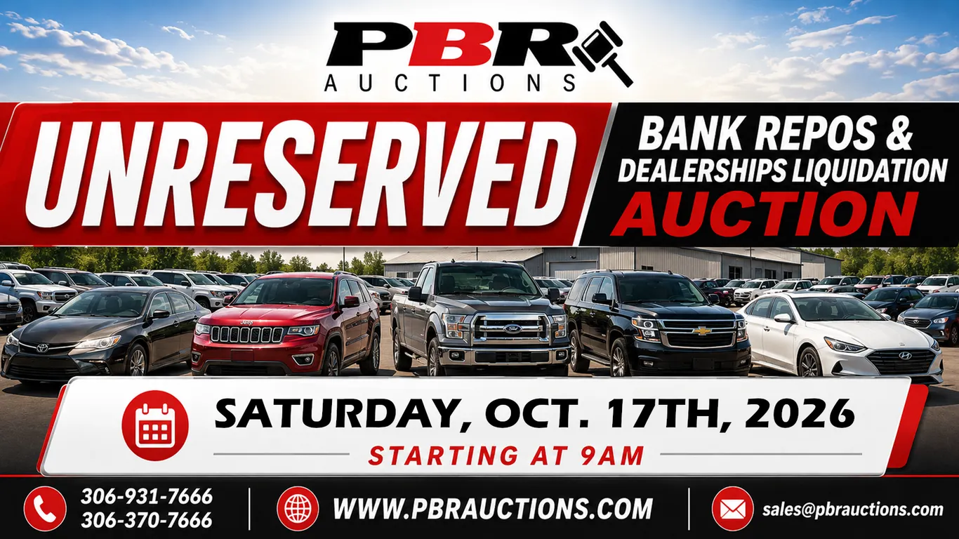 Unreserved Bank Repos & Dealerships Liquidation Auction - Oct. 17th, 2026 - Starting at 9am