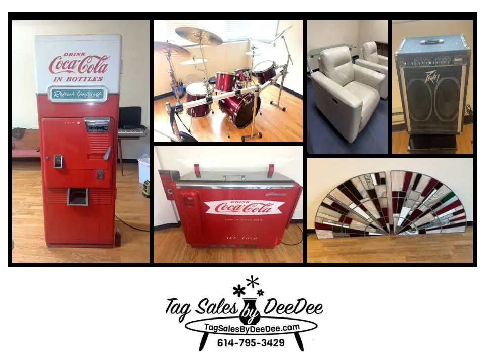 2 vtg Coca Cola vending machines, Pearl Drum set with Pearl Icon rack, Peavy Amp, audio equipment etc-Grandview