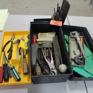 TOOL BOX W/ PLIERS, CALIPERS, CHAIN BREAKER, DRILL BITS