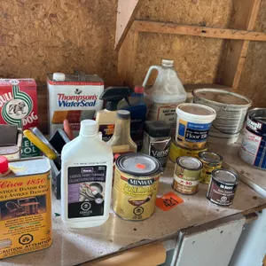Assortment of stains varnishes and oils etc