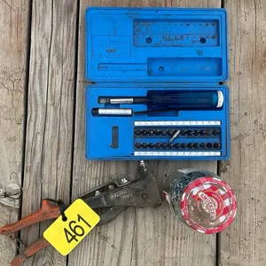 Hand riveter, rivets, and screwdriver set