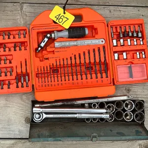 Assorted sockets, ratchet, and small tool set