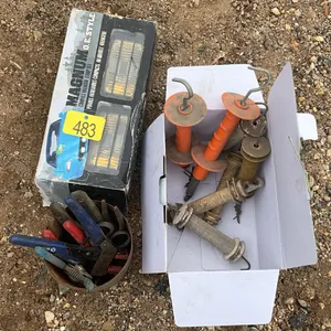 Assorted pliers, electric fence handles, auxiliary lights