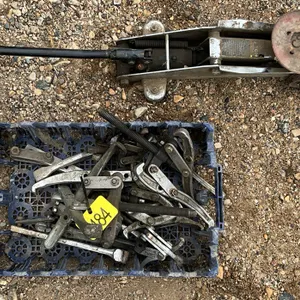 Assorted gear pullers, small floor jack