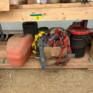 Assortment of harness, used filters & partial pail of oil