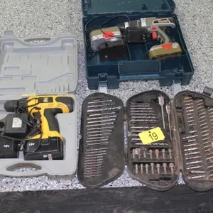 POWERFIST 18V DRILL W/2 BATTERIES/CHARGER, HOMESHOP 18V DRILL W 2 BATTERIES/CHARGER, DRILL BIT SET