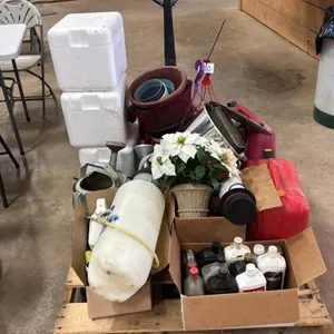 Assorted planters, sprayer, jerry cans, coolers