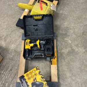 2 dollys, battery charger, chainsaw, DeWalt drill with battery and charger
