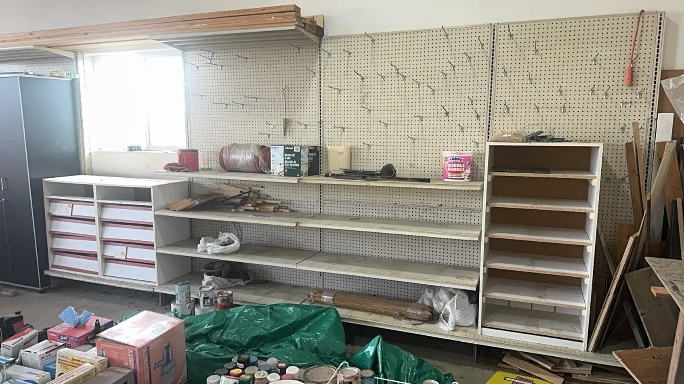 (3) Metal & Wood Peg-Board Shop Storage Shelves & Misc. Hardware