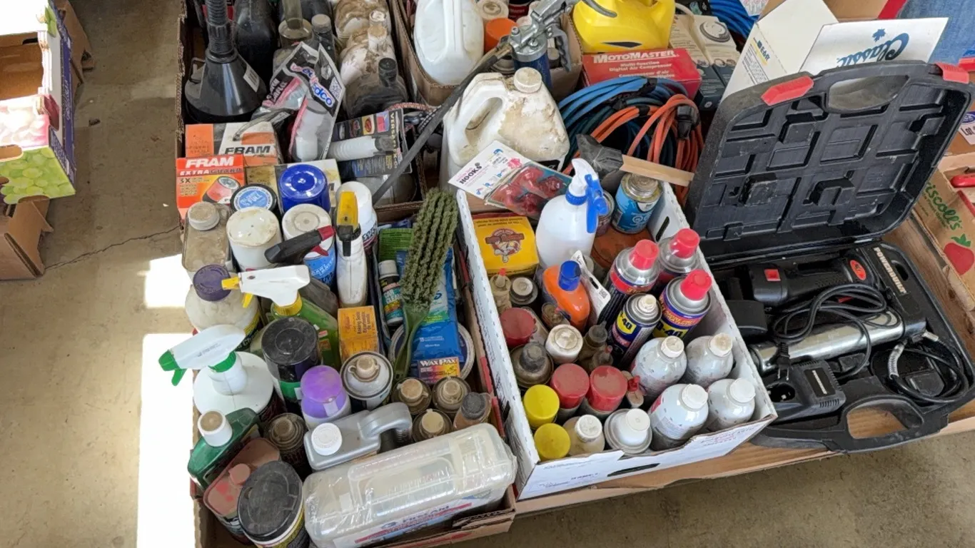 Pallet Lot; Power Built Battery Powered Grease Gun, Anti-Freeze, Oils, Extension Cords