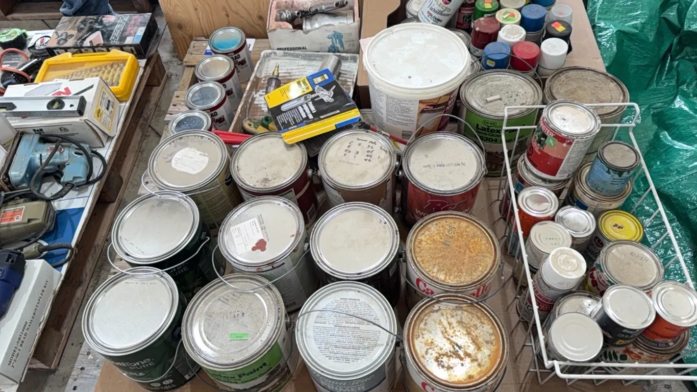Paint Pallet Lot; Air Paint Gun, Gallon Paint Cans, Spray Paint Cans, Paint Tray