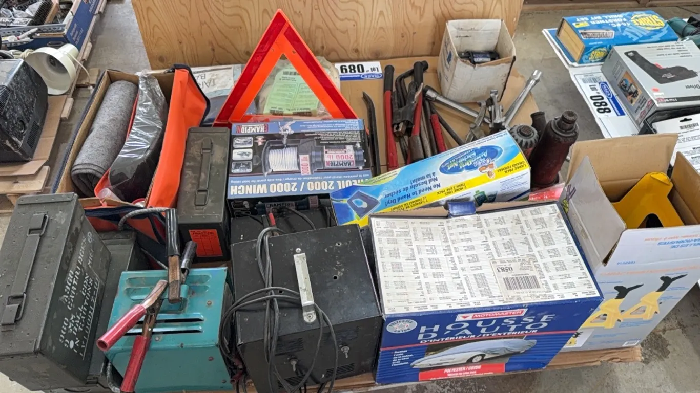 Pallet Lot; Champion Winch, Battery Chargers, Slow Moving Sign, Bottle Jacks, Bolt Cutters