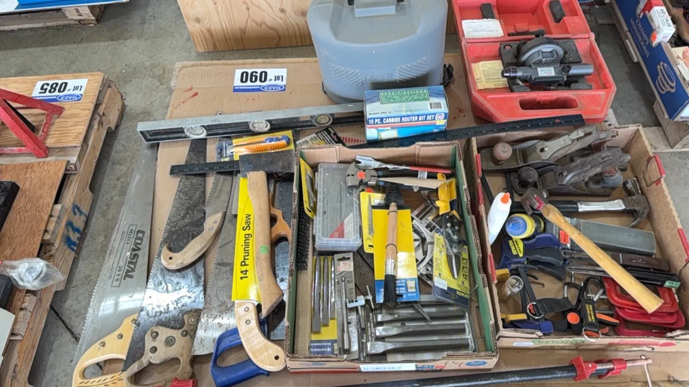 Tool Pallet Lot; Ryobi Router, Punches, Chisels, Saws, Hammers, Clamps