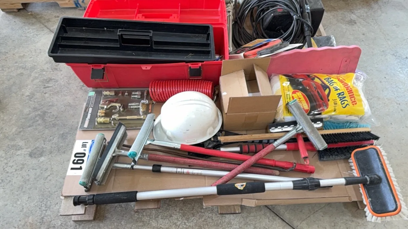 Pallet Lot; Electric Pressure Washer, Squeegees, Air Chucks, Red Tool Box