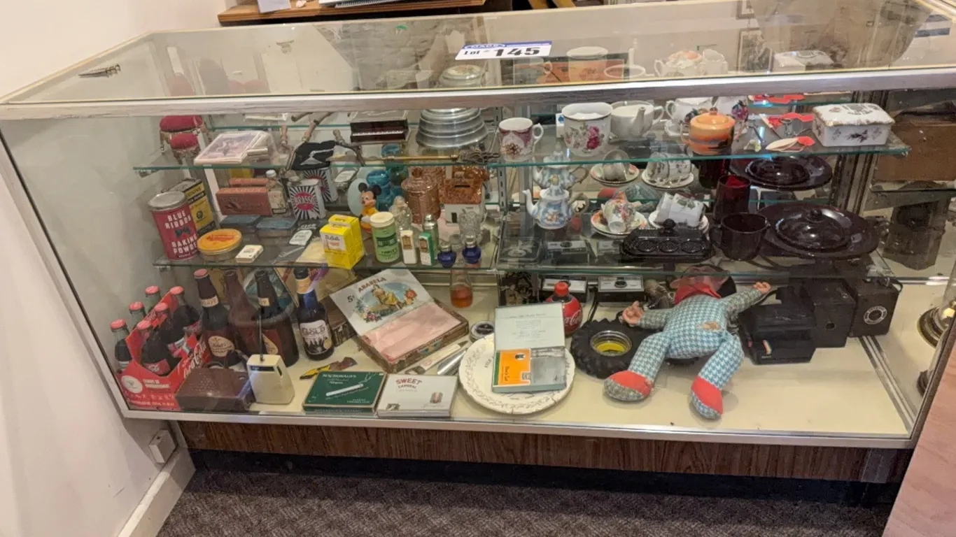 Glass Display Cabinet & Collectibles; Moustache & Sick Cups, Music Boxes, Goodyear Tire Ashtray, Black Cat Cigarette Package