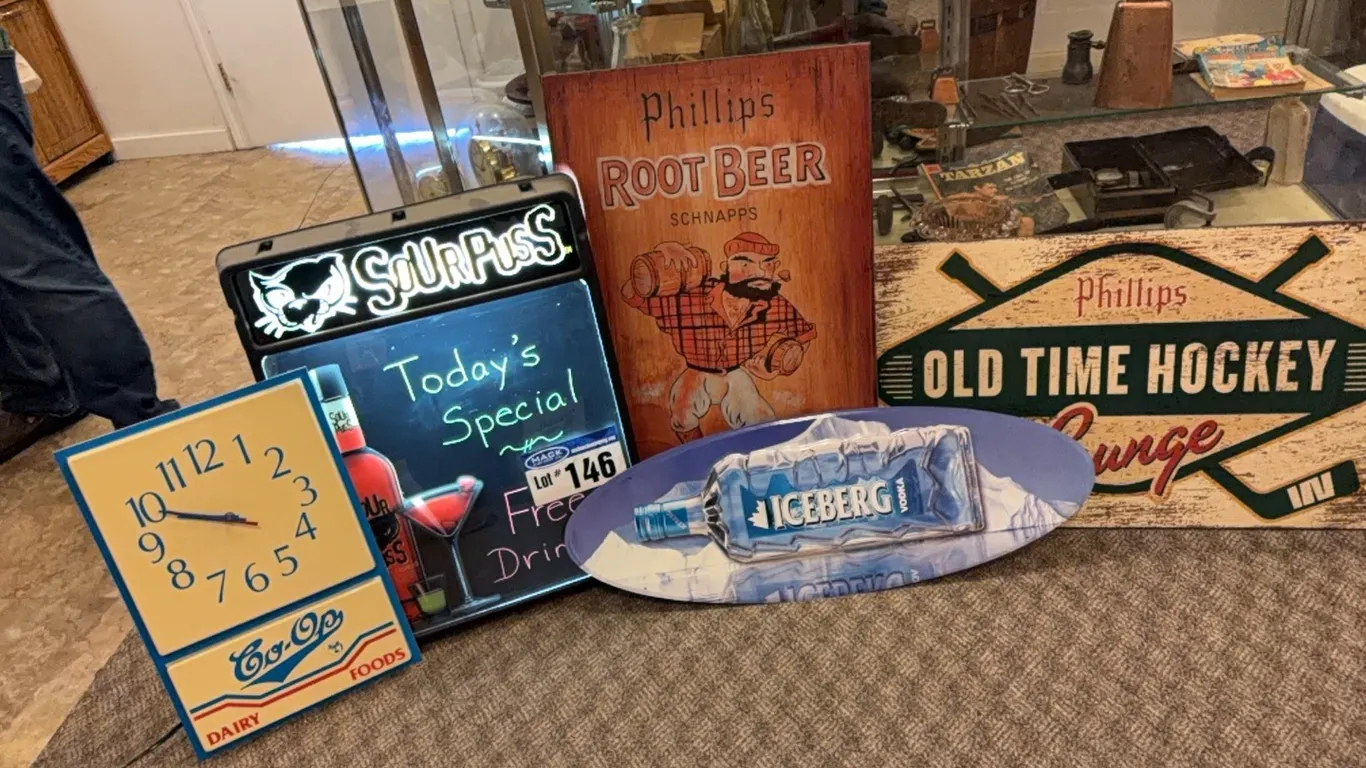 Mancave Signs; Neon Sour Puss, Phillips Root Beer, Ice Berg Vodka, Co-op Clock