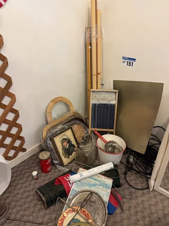 Antique Lot; School Maps, Blue Washboard, Picture Frames, Enamel Pail & Ladle, Glass Butter Churn