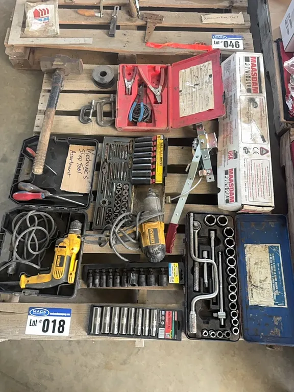 Tool Pallet; DeWalt Drill & Impact, Sockets, Tap & Die Set, Cable Come-A-Long
