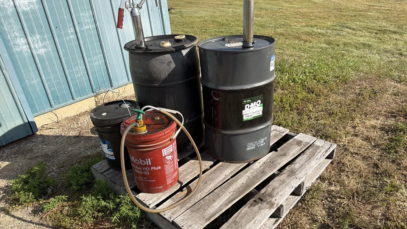 Oil Pallet Lot; Barrels With Pumps, Pail of Oil