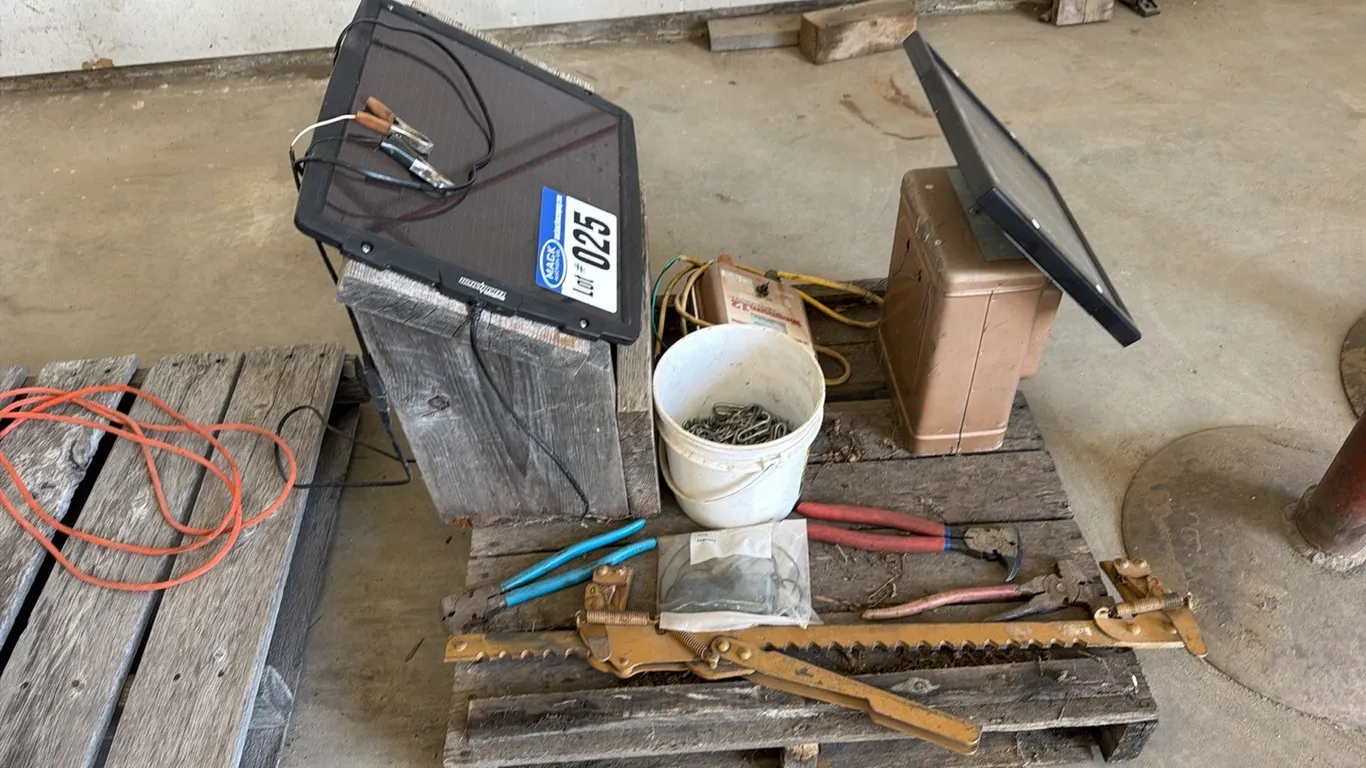 Fencing Pallet; (2) Solar Charged Fencers, Wire Stretcher, Staples, Fencing Pliers