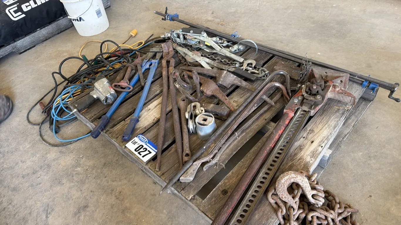 Pallet Lot; Bolt Cutters, Draw Pins, 3/4' Impact, Extension Cords, Come Along Cable Puller