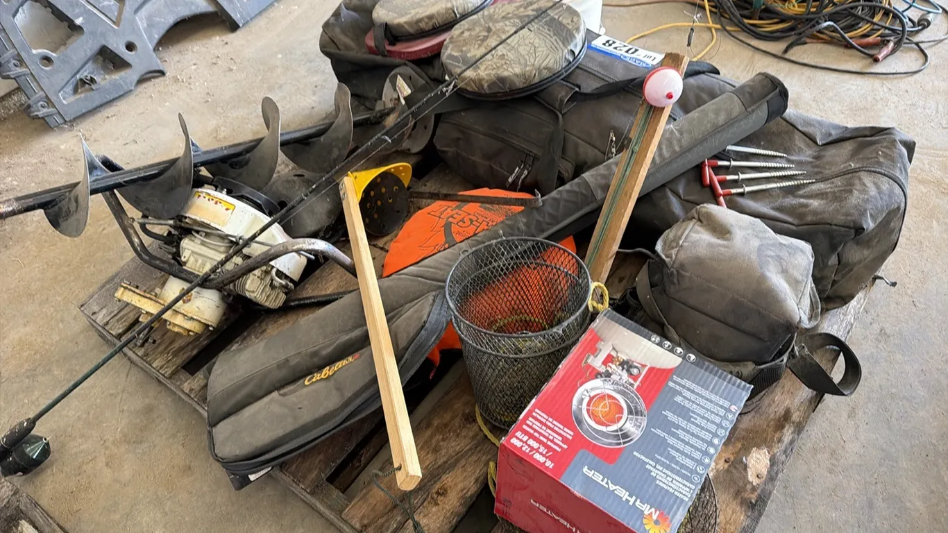 Pallet Lot; Clam Ice Fishing Tent, Gas Powered Ice Auger, Propane Heat Head