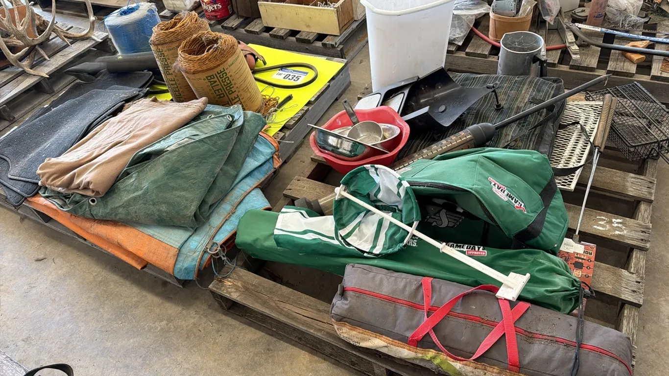 (2) Pallet Lot; Rain Gauge, Roughrider Wind Sock, Tarps, Sisal Twine, Poly Twine