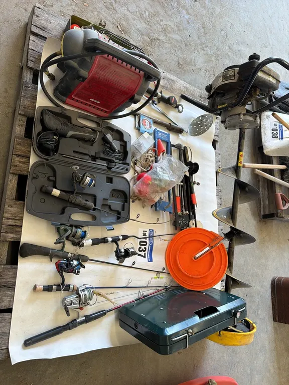 Ice Fishing Pallet; Gas Powered Ice Auger, Rods, Hooks, Ice Strainers