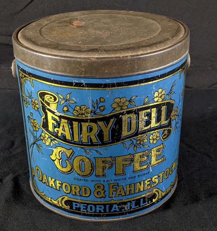 5# TIN LITHO COFFEE CAN FAIRY DELL OAKFORD & FAHNESTOCK PEORIA ILLINOIS