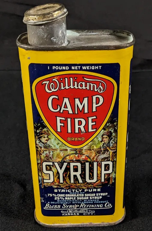 1# TIN LITHO CAN WILLIAMS CAMPFIRE BRAND SYRUP KANSAS CITY MISSOURI