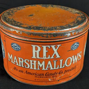 5# TIN LITHO CAN REX MARSHMALLOWS MILWAUKEE WISCONSIN