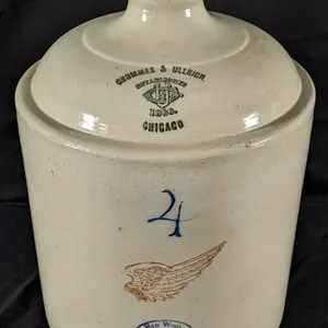 4 GAL ADVERTISING RED WING STONEWARE CROCK JUG GROMMES & ULLRICH CHICAGO ILLINOIS (PRE PROHIBITION)