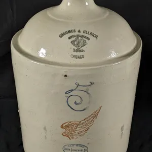 5 GAL ADVERTISING RED WING STONEWARE CROCK JUG GROMMES & ULLRICH CHICAGO ILLINOIS (PRE PROHIBITION)