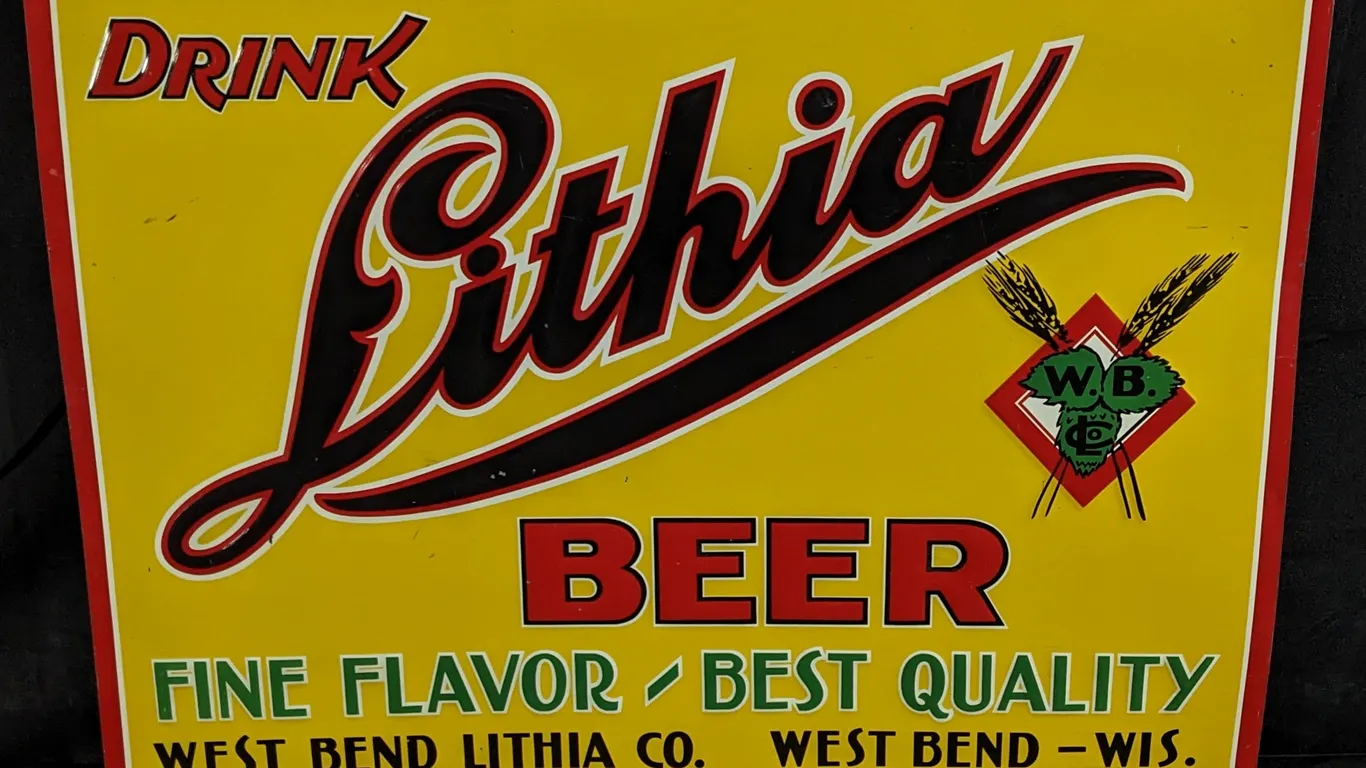 EMBOSSED TIN SIGN DRINK LITHIA BEER FINE FAVOR BEST QUALITY WEST BEND WISCONSIN