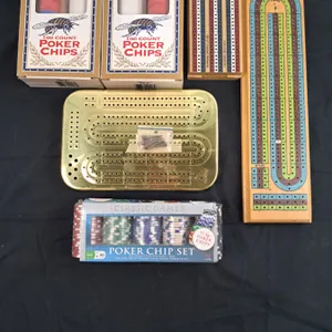 Assorted Poker Chips, & Cribbage Boards
