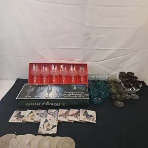 Assorted Bar Glasses and Coasters including 6 Lead Crystal Stemmed Glasses
