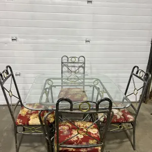 Glass Top Table With Metal Base & 4 Upholstered Seat Metal Chairs