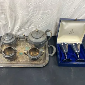 Monarch Plate Tea Service Items, Silver Plate Tray & 2 Birks Silver Plated Goblets