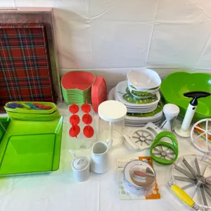 Assorted Plastic Dishware, Trays & Kitchen Gadgets