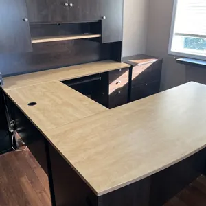 U Shaped Desk with Filing Cabinet and Upper Storage Cupboards