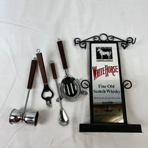 Vintage Whitehorse Whiskey Bar Set with utensils, mirror and stand