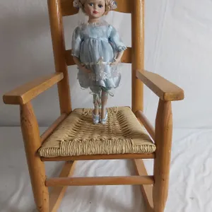 Child's Wicker & Wood Rocking Chairs and Porcelain Ballerina Doll