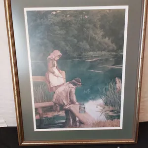 2 Kids Fishing Print. Artist C.E. Wilson